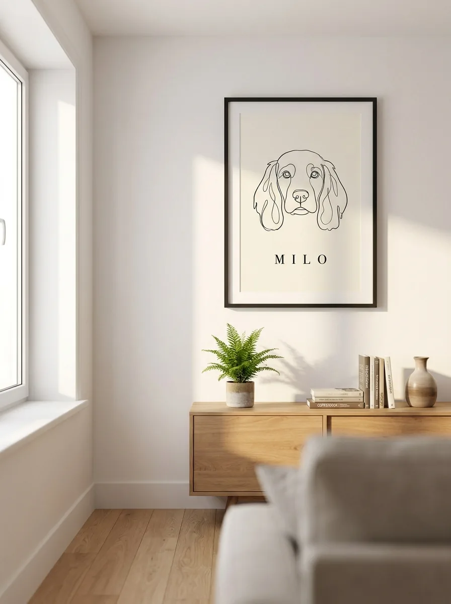 Gerahmtes Line-Art-Portrait «Milo» an einer hellen Wand im skandinavischen Interieur