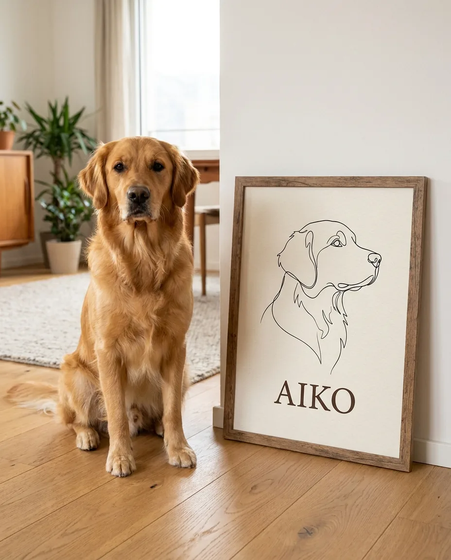 Golden Retriever sitzt neben seinem gerahmten Line-Art-Portrait